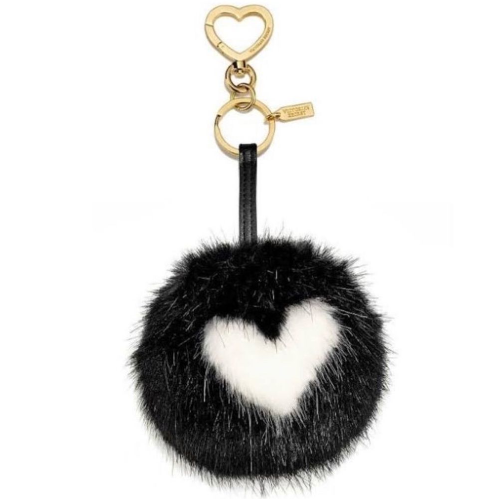 Victoria’s Secret VS Black and White Fuzzy Heart Pom Pom Keychain Bag Charm